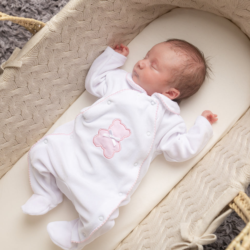 White & Pink Velour Polka Dot Bear Sleepsuit