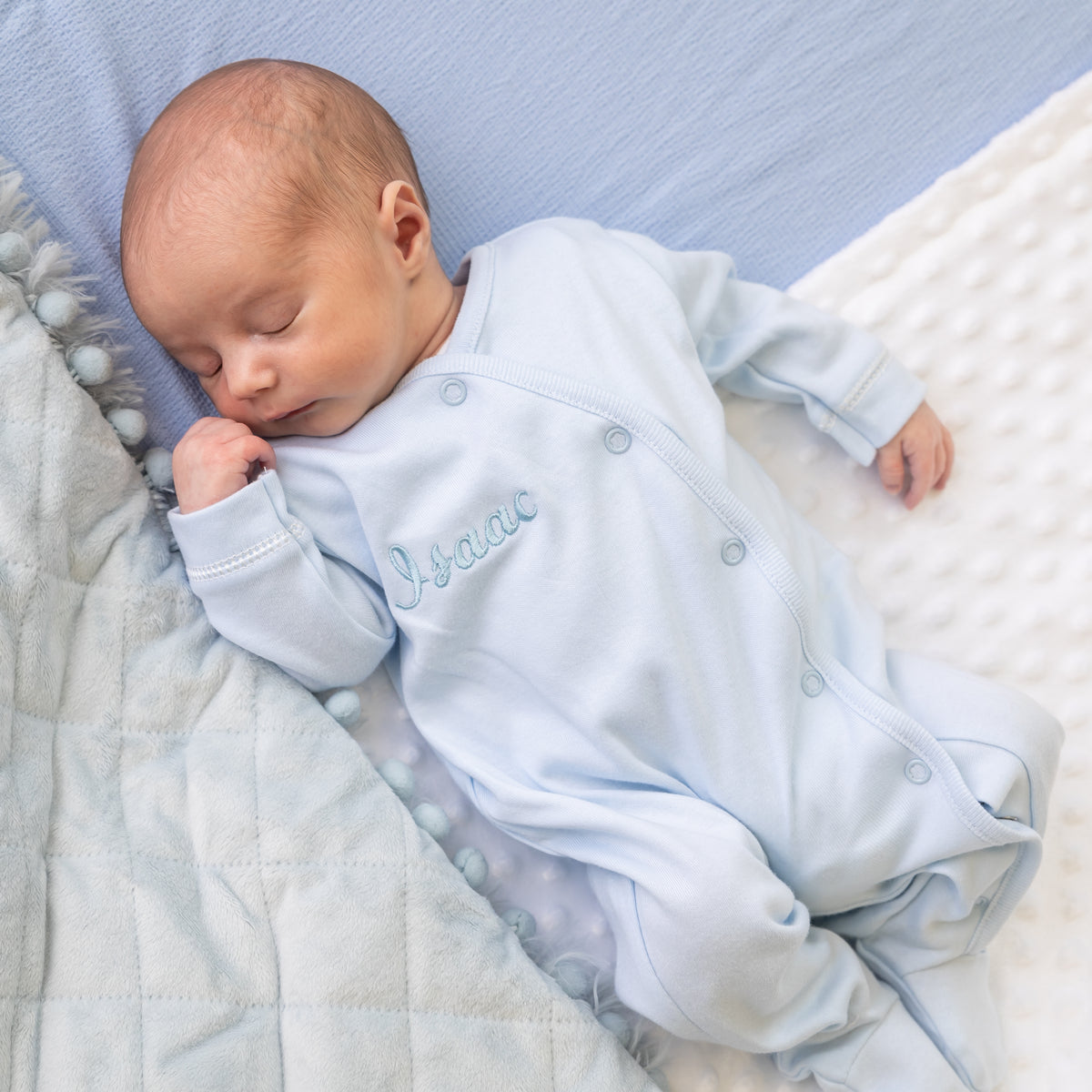 Blue Personalised Name Popper Sleepsuit – Millie & Ralph