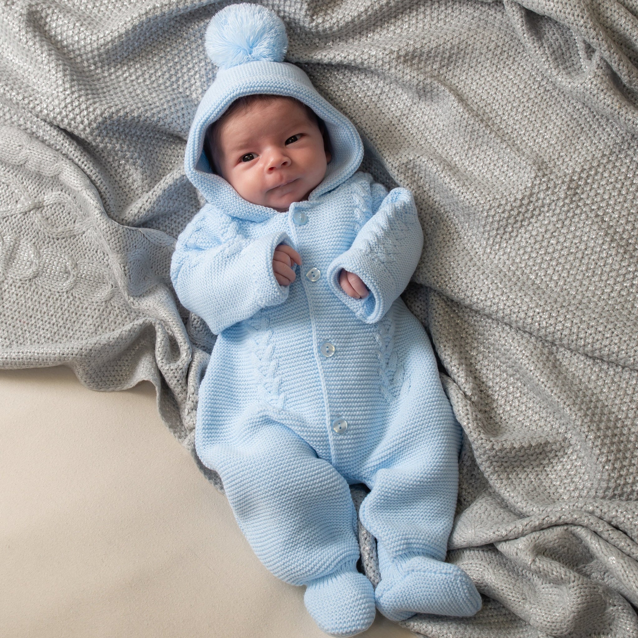 Blue Knitted Hooded Pramsuit Millie Ralph