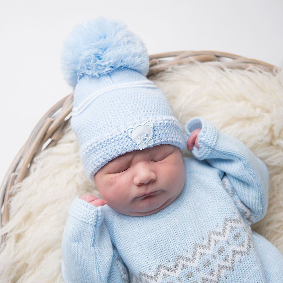 Baby wearing first size embroidered teddy hat - blue